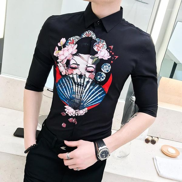 

new digital printing mens shirts luxury three quarter sleeve mens dress shirts camisa social masculina slim fit casual1, White;black