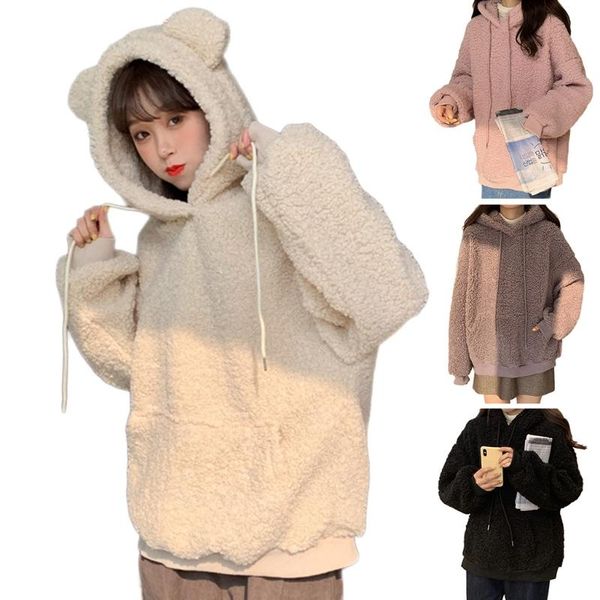 

women's jackets women faux fleece cute bear ears hoodies long sleeve sweatshirt harajuku solid color oversized pullover with pocket, Black;brown
