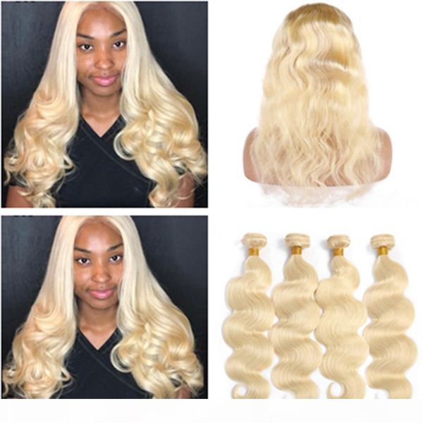 

body wave blonde virgin hair weaves with 360 frontal lace closure #613 bleach blonde peruvian human hair 4bundles with 360 lace closure, Black;brown