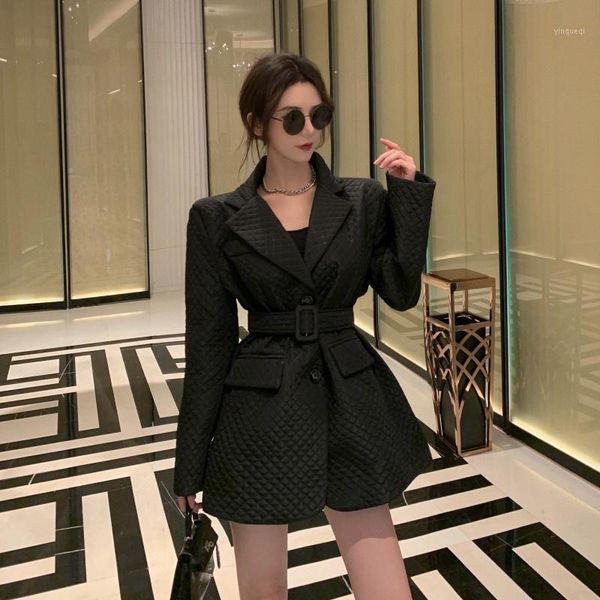 

retro plaid loose high waist suit jacket women casual outerwear long sleeve pockets women coats t92681, Black;brown