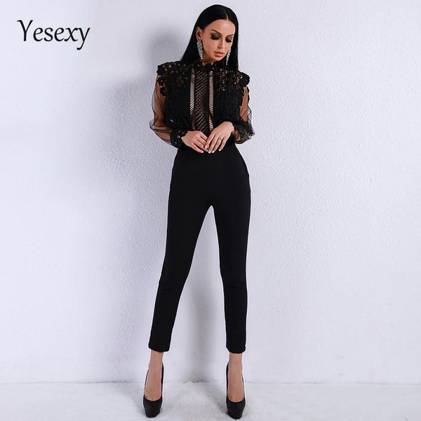 

2020 осень sexy длинные рукава женщины комбинезоны lace see through mesh выдалбливают solid color ползунки женщин комбинезон vr9079, Black;white