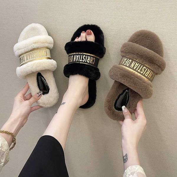 

large size cool slippers women's 2021 autumn and winter new d family wool warm fashion, fashionable wear outside, Black