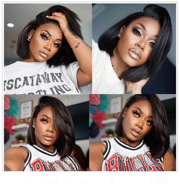 

malaysian kinky straight bob lace front wigs 13x4x1 lace frontal short bob wig remy human hair wig preplucked alidiamond hair, Black;brown