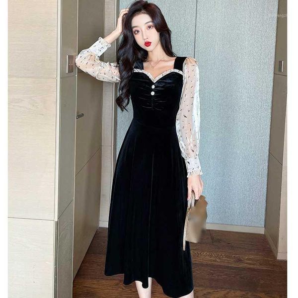 

autumn spring women dress long sleeve simple v neck patchwork female elegant golden velvet slim vintage temperament dress1, Black;gray