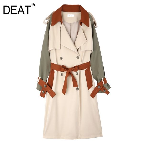 [Deat] casaco feminino manga completa lapela de lapela cor de lacing por longa trincheira solta arco casual novo outono ashion roupas am787 201030