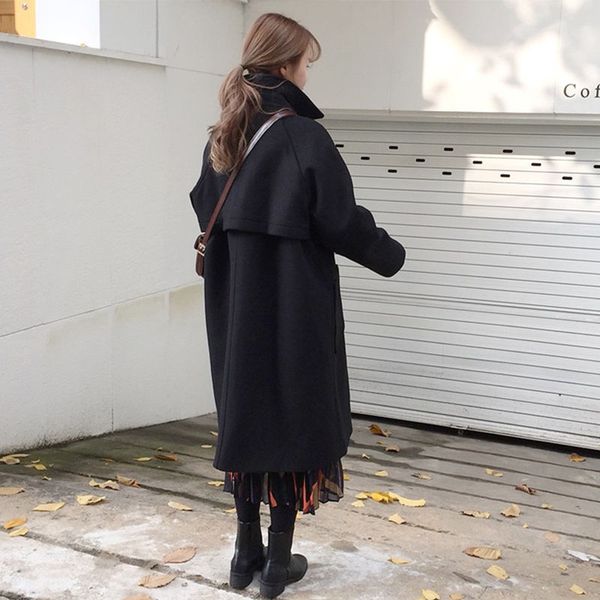 

women's coat medium length 2020 new popular hepburn style korean autumn and winter woolen fabric thickening students, Black