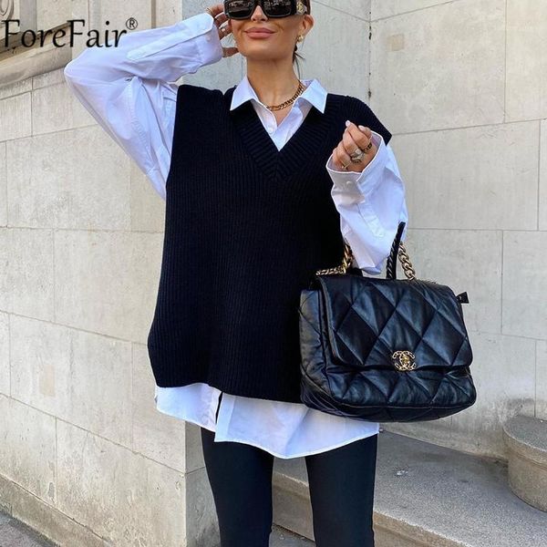 

forefair v neck white vest sweater sleeveless knitted women loose pullovers black oversized casual autumn winter jumper 20201, Black;white