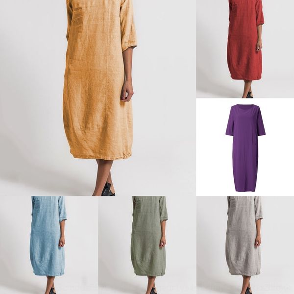 

13zxb 9 цветов нового хлопок хлопок и лен круглых пеньки шея 7 сплошного цвета сплайсинга платье вокруг шеи платье для женщин xrzex, Black;gray