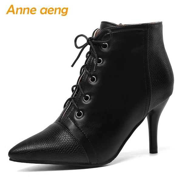 

boots 2021 winter women ankle high thin heels pointed toe lace-up ladies shoes black warm big size 33-46
