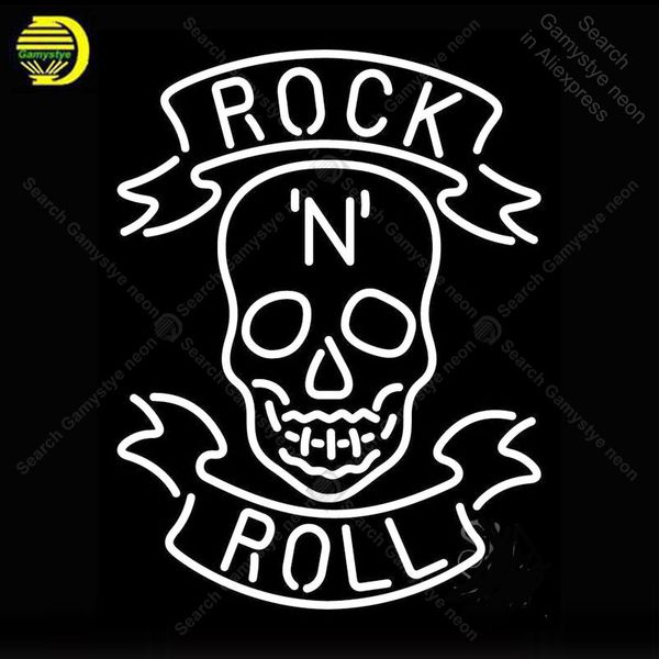

neon sign for rock n roll white skull real glass beer bar pub shop display outdoor light signs advertise vintage neon signs
