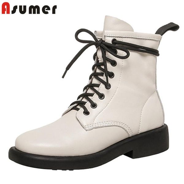 

boots asumer 2021 arrive ankle for women genuine leather shoes autumn winter low heel fashion lace up short, Black