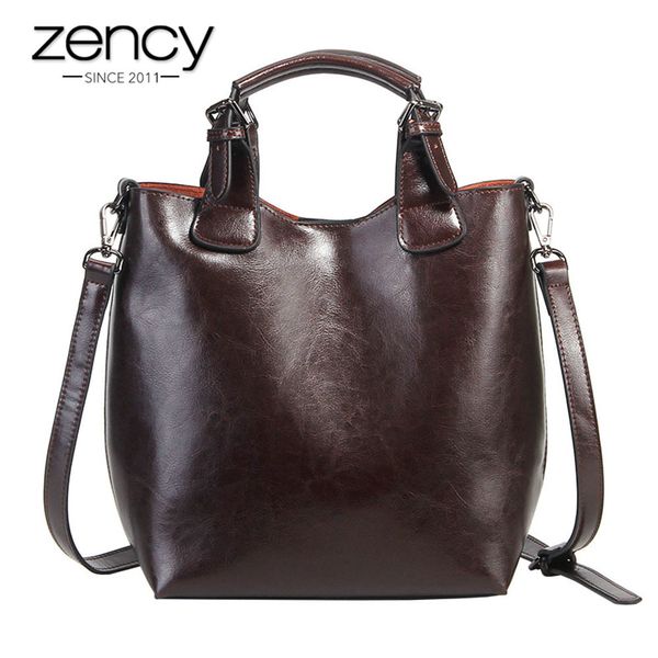 

zency 100% genuine leather handbag retro coffee women casual tote bucket bag classic black lady crossbody messenger purse c0121