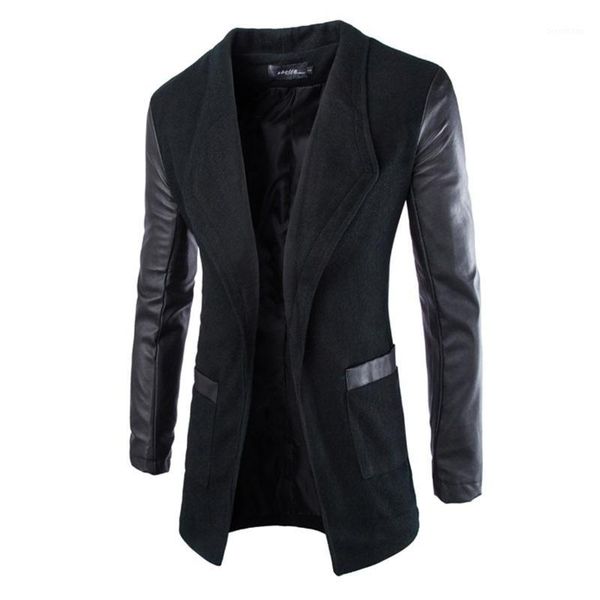 

new fashion winter leather sleeve long wool men coat casual slim fit men jacket coat patchwork solid long outwear1, Black