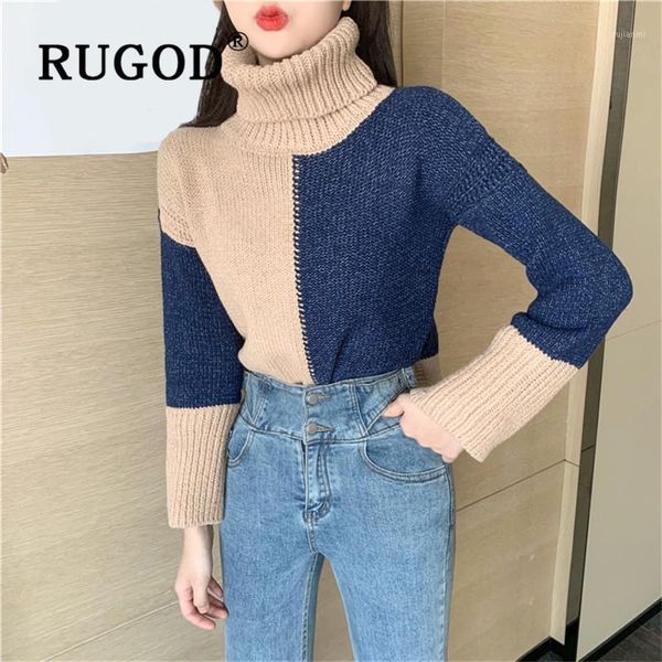 

rugod 2020 spring women sweater pullovers patchwork color turtleneck sweater loose warm knitted tunic korean fashion casual, White;black