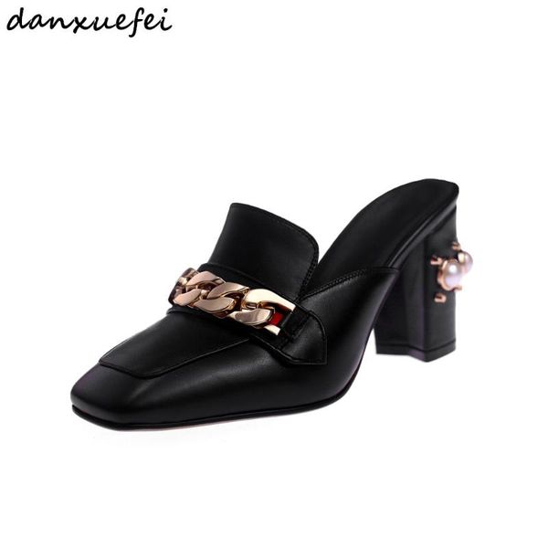 

dress shoes plus size 33-40 women's thick high heel slides chain summer sandals square toe beading slip-on sandalias for women, Black