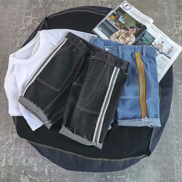 

in summer of 2019, the main product is hongkong jeans shorts, men's striped ribbon, rough edge, capris and pants kz013-p25, Blue