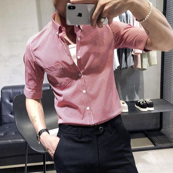 

men's casual shirts short-sleeved shirt 2021 spring and summer handsome plaid slim young personality fashion trend clothing, White;black