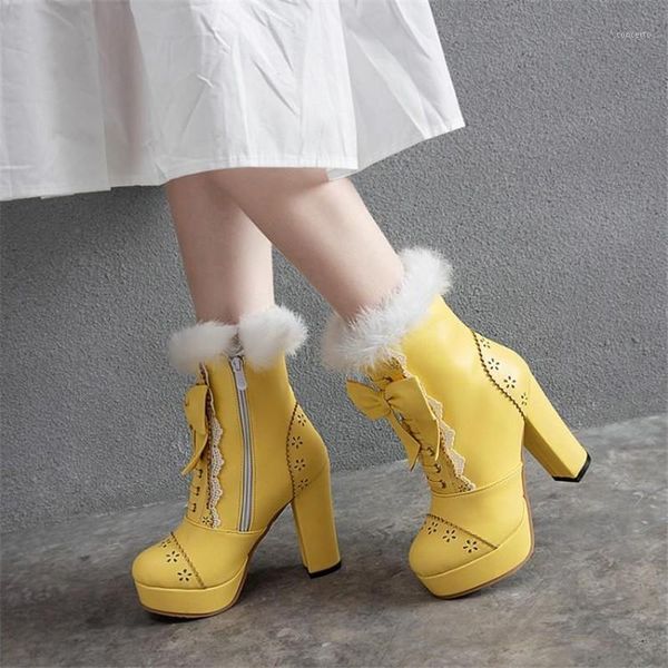 

sweet bow fur women lady platform high heel snow boots big size 34-48 autumn winter new fashion women ankle booties lolita shoes1, Black