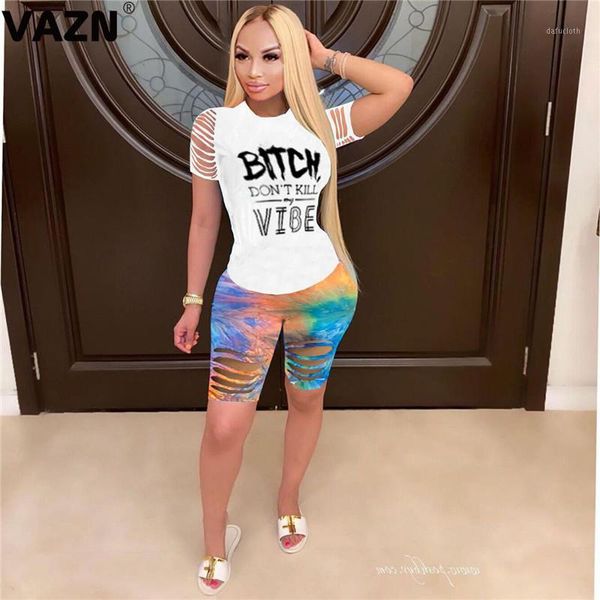 

vazn 2020 plus size hollow out daily young letter short sleeve group knee length tracksuits women 2 pieces set1, Gray