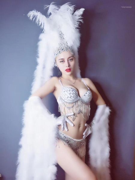 

festival party nightclub bar women stage outfit shining crystals bikini white feathers headdress dj dancer catwalk costumes1, Black;red