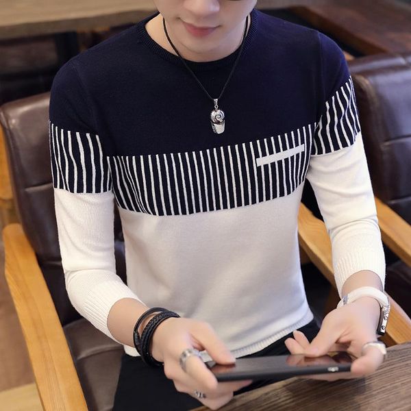 

men's long-sleeved round neck color-block vertical striped sweater trendy fashion casual slim men's pullover sweater -3xl, White;black