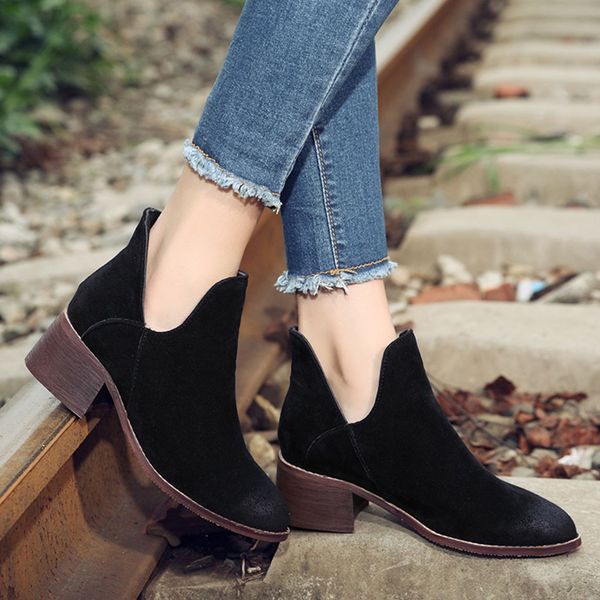 

new women boot autumn winter boots retro chunky heel slip on single boot student scrub large size ankle boots buty damskie, Black