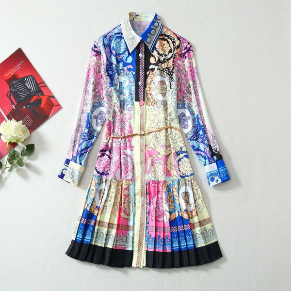 

milan runway dress 2020 spring summer lapel neck long sleeve print designer dress brand same style dress 0309-11 aishp, Black