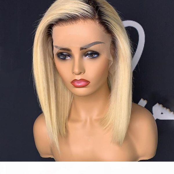 

ombre 613 color short straight bob lace front human hair wig 613 honey blonde brazilian natural remy wig for women transparent, Black;brown