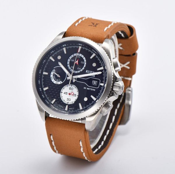 

mens sport watches steel case metal brown leather strap japan vd57 quartz chronograph movement wristwatches, Slivery;brown