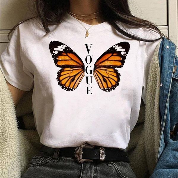 

vogue butterfly print tshirt летние женщины футболка мультфильм графические тройники топы женские мода хараджуку футболка корейский футболка, White