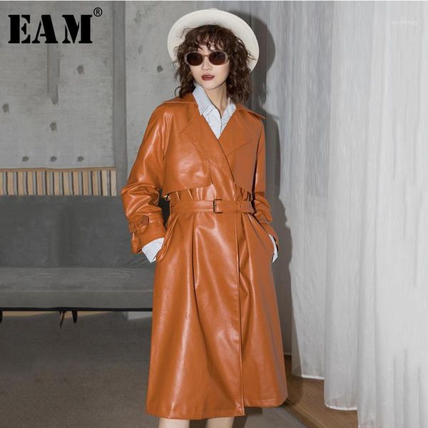 

eam] women yellow pu leather long leisure trench new lapel long sleeve loose fit windbreaker fashion tide spring 2020 1x4801, Tan;black