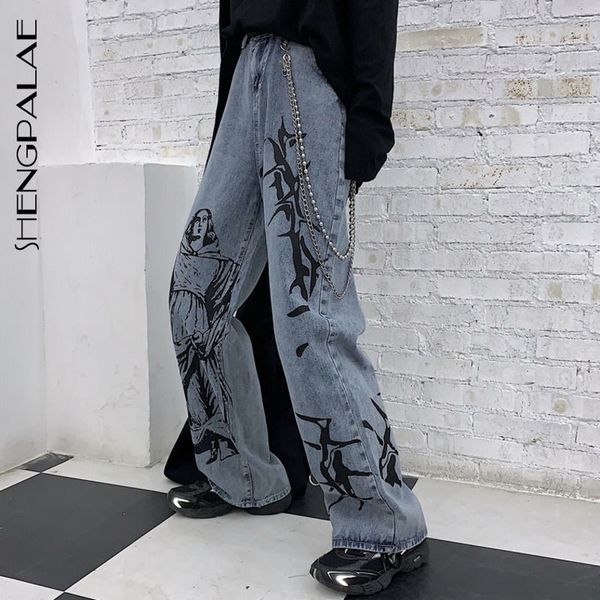 

shengpalae 2020 new summer fashion ins street hip-hop printing wash jeans loose casual denim wide leg pants tide woman za4395 c1111, Blue