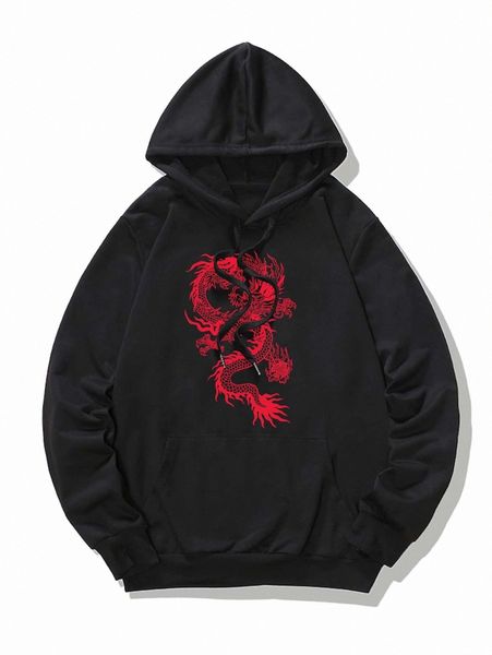 

men chinese dragon graphic drawstring hoodie p6bu#, Black
