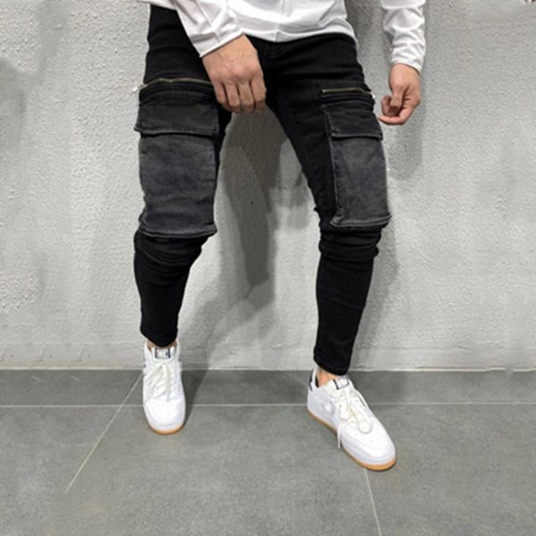 

mens zipper skinny jeans fashion trend big pocket zipper high street denim pencil pants spring male new skateboard casual slim trousers, Blue