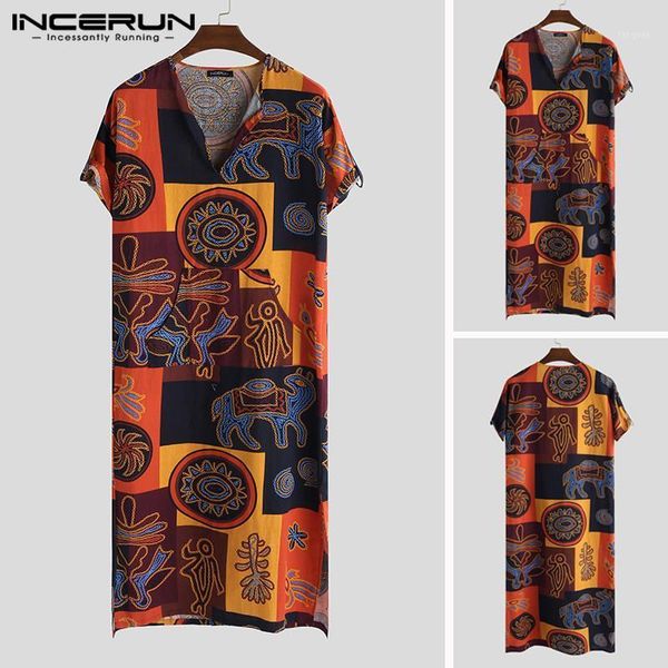 

incerun 2020 summer men's muslim clothing men's islamic arab short sleeve robe print saudi arabia middle eastern men jubba robe1, Red