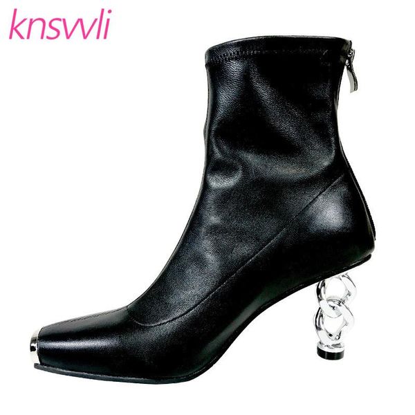 

boots runway metal chain heel ankle women leather stretch iron square toe strange style high party short woman, Black