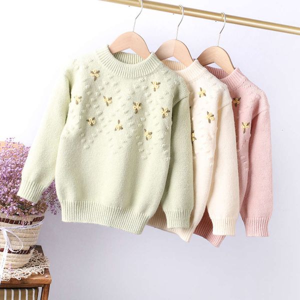 

2020 winter 3d embroidery girls' middle and large children's round neck bottomed sweater 110-150, Blue