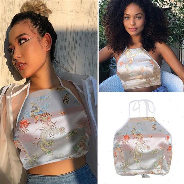 

2021 new women chinese style dragon phoenix embroidery vest bandage sleeveless crop tee tank, White