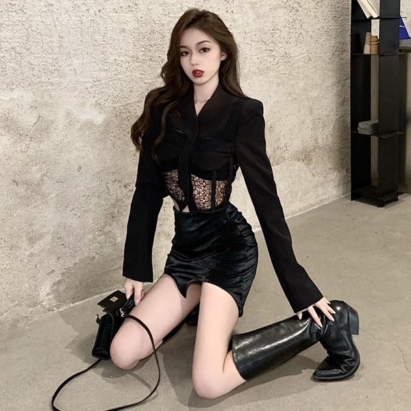 

autumn 2020 new lace stitching coat + irregular buttock skirt two piece fashion suit for women