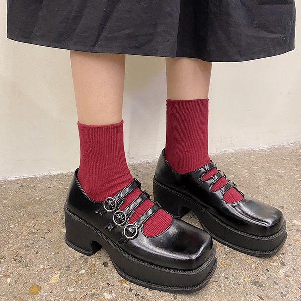 

2021 the new 2021 double buckle mary janes vintage toe platform lolita goth japanese school shoes high heels bombs x3ho, Black