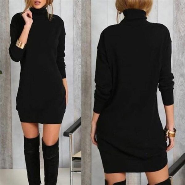 

autumn winter women knitted dress women high neck sweater dress plus cashmere warm long sleeve loose dress, Black;gray