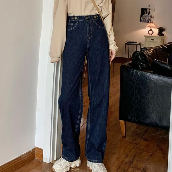

темно-синие джинсы женские осень 2020 новый корейский свободные прямые джинсы, Blue