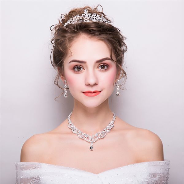 

three pieces of bridal crown and headdress set, super beautiful atmosphere crystal dress accessories, 2020 new korean wedding hair, Silver