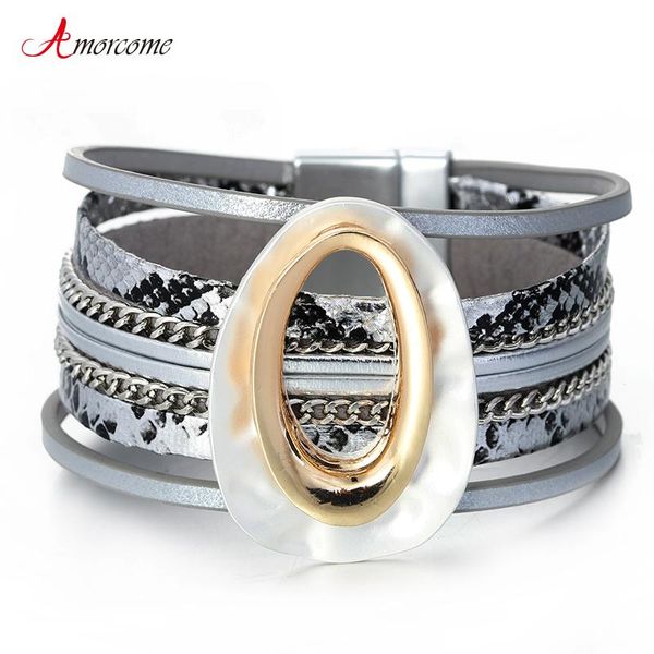 

amorcome vintage gray color snake skin patterm leather bracelet women female jewelry big metal oval charm wrap bracelets gift, Golden;silver