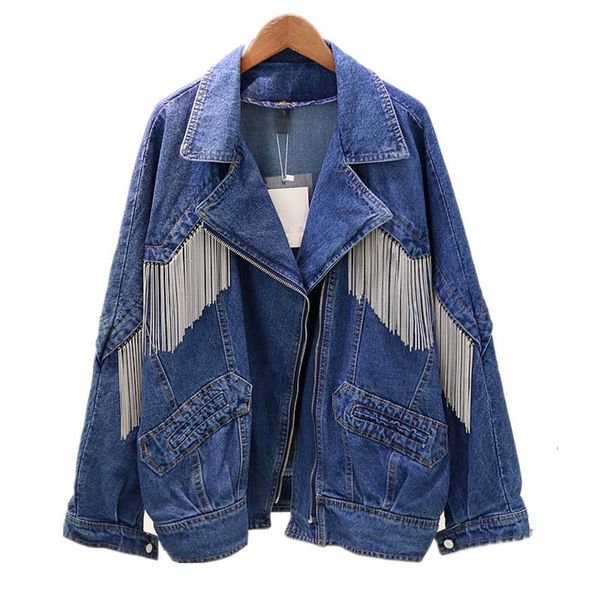 

2020 new spring autumn outwear women loose chain tassel denim jacket blue cowboy overcoat female students casual jeans coat, Black;brown