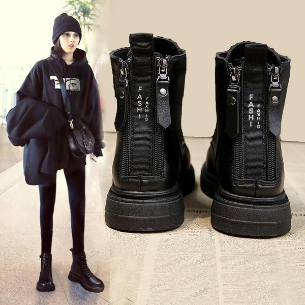 

fashion zipper flat shoes woman high heel platform pu leather boots lace up women shoes ankle boots girls 35-40, Black
