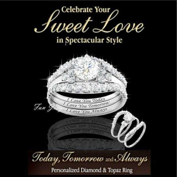 

inlaid longrui's new ring three piece popular diamond women's engagement hand jewelry, Silver