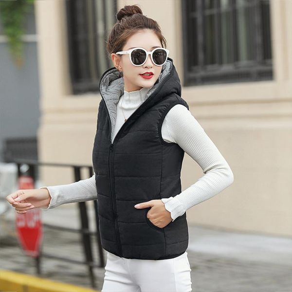 

new autumn winter women vest cotton hooded casual slim waistcoat female sleeveless jacket drop shipping good quality, Black;white