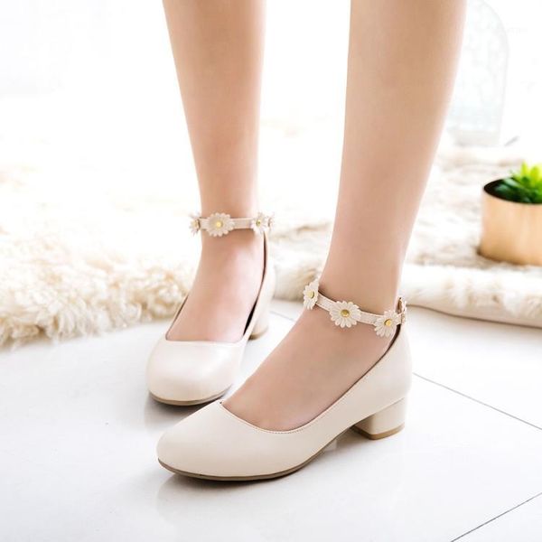 

oversized 11 12 13 14 ladies high heels women shoes woman pumps round head, shallow mouth, thick heel, square and flower buckle1, Black