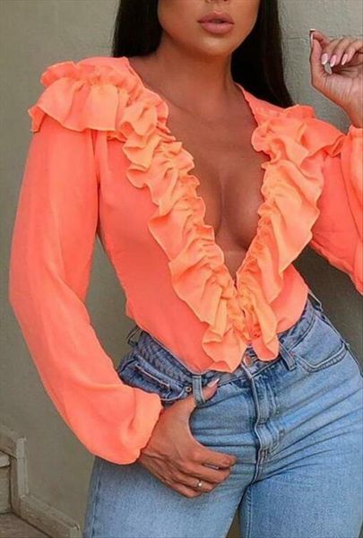 

women chiffon v neck blouse fall spring ladies ruffle long sleeve shirt perspective shirts female transparent blouse, White